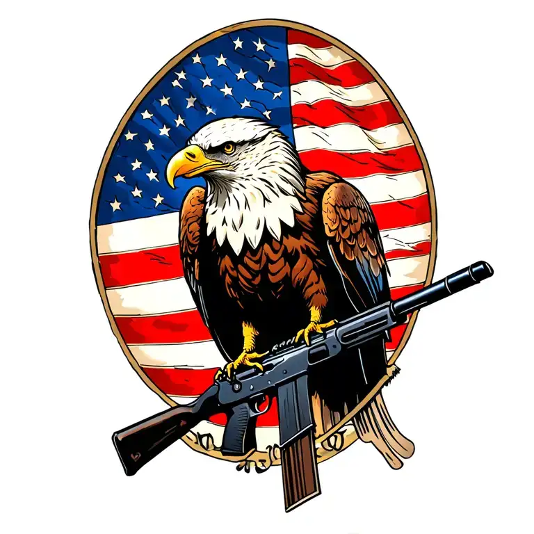 A patriotic bald eagle perched on a rifle with an American flag in the background tattoo design idea