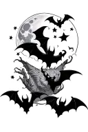 bats flying with stars and a moon around them representing tattoo design idea