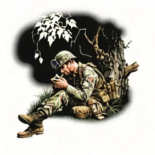 A soldier is hit and reading a book under a tree made tattoo design idea