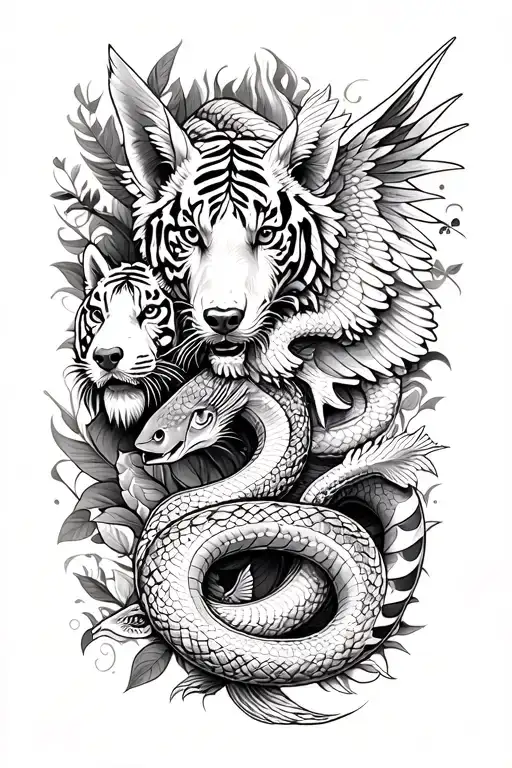 A tattoo design combining the client's favorite animals - a dog, dragon, snake, tiger, fish, and phoenix - into a unique and intricate composition, symbolizing the diversity of the client's interests and passions tattoo design idea