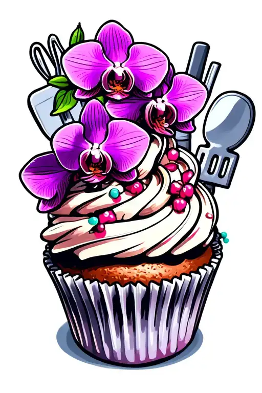 A new-school tattoo of a cupcake with orchid decorations and baking utensils in the background tattoo design idea