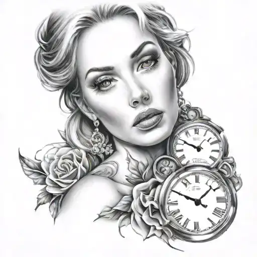 realistic woman face clock tattoo design idea