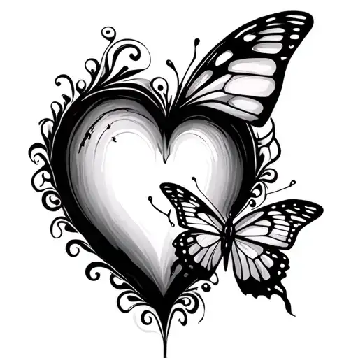 Heart shape with waterline and butterfly drawn in fine lines tattoo design idea