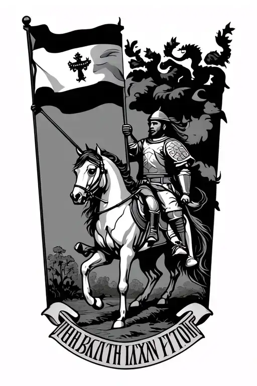 Knight on horseback with flag in hand on the flag and gable Czech two -tailed lion around the Latin inscription tattoo design idea