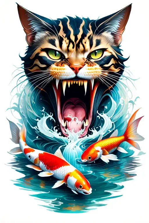demon cat with long mouth open and a river flowing from mouth with koi fish and spirits in the river tattoo design idea