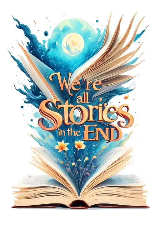 "We're all stories in the end." open book with fantasy scene bursting from the pages tattoo design idea