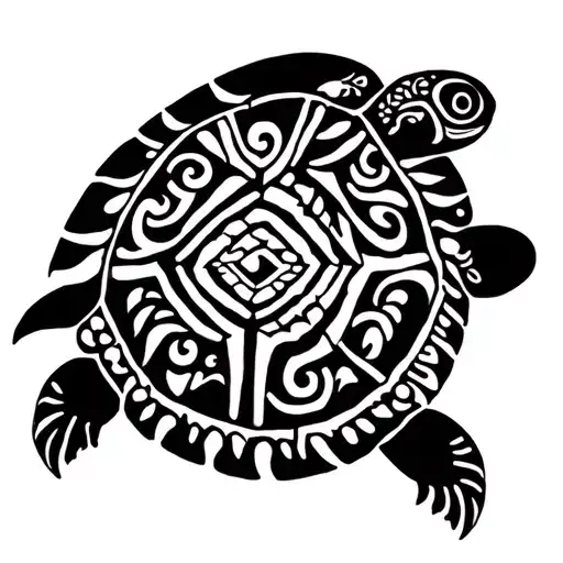 Polynesian Maori tribal tattoo design for the right shoulder, upper arm, and half chest. Central symbol: a turtle (Honu tattoo design idea