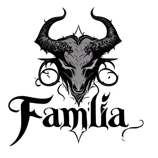The inscription Familia around the neck in the dark Gothic style devil tattoo design idea