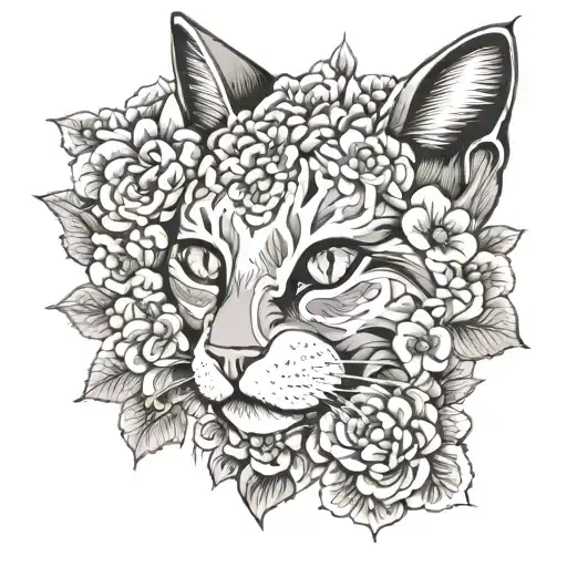 cat with cempasuchil flowers tattoo design idea