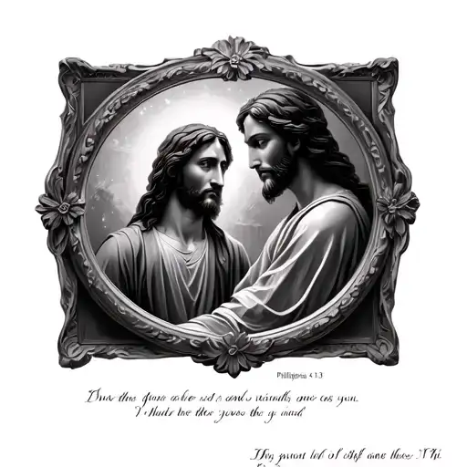 philippians 4:13 in the middle inside  by a mirror with jesus looking down at the verse  tattoo design idea