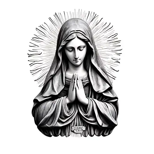 stone statue praying Virgin Mary wearing a burberry vail  tattoo design idea