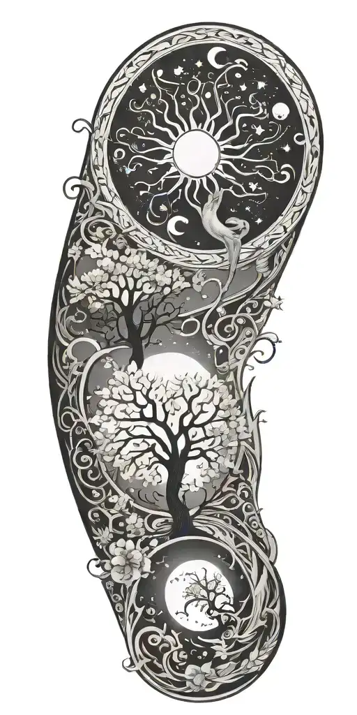 sun and moon,aquarius star, tree and fire tattoo design idea