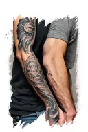 A realistic tattoo mockup on a human inner forearm, palm-up view. The tattoo is elongated, starting near the elbow creas tattoo design idea
