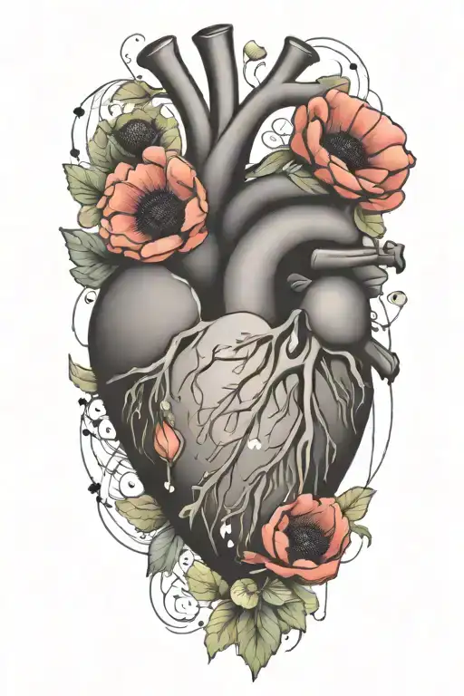 abstract design human heart, poppies, anemones, music, love tattoo design idea