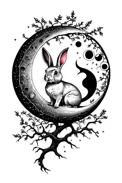 bunny on a moon lunar phases tree of life tattoo design idea
