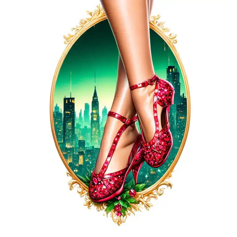 two sparkling ruby ballet slippers with emerald city in the background tattoo design idea