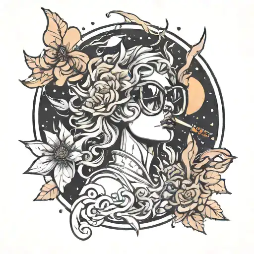 angel smoking a flower with sunglasses on and a universe around her head tattoo design idea