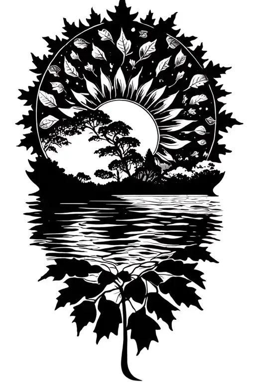 sun with maple leaf shaped like tattoo design idea