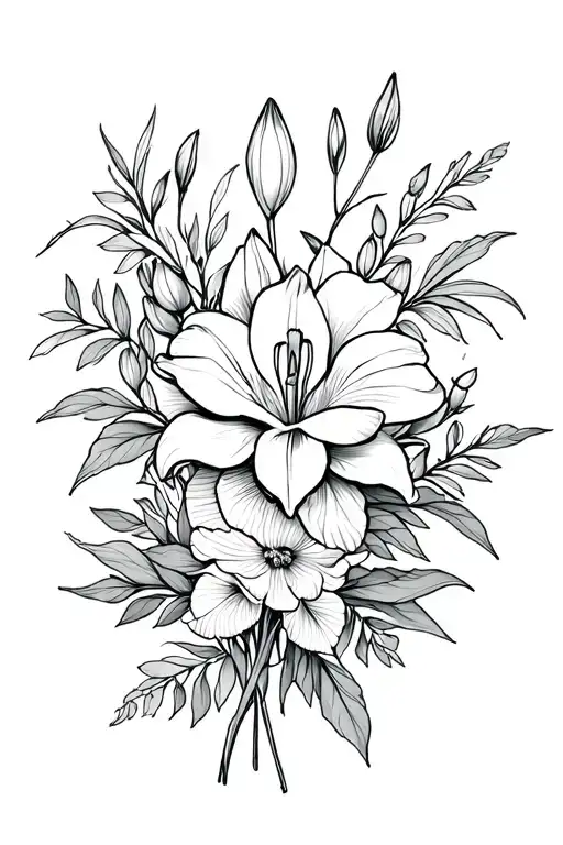 fleur -de -lily and peony bouquet tattoo design idea