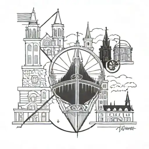 Combine a basketball hoop with iconic landmarks of New Orleans, such as the St. Louis Cathedral and French Quarter buildings tattoo design idea