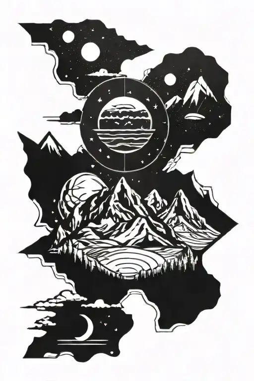 A mountain range silhouette with a solar system inside each peak tattoo design idea