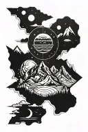 A mountain range silhouette with a solar system inside each peak tattoo design idea