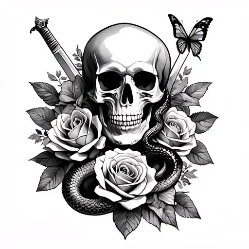 Roses, snakes, skulls, butterflies and swords fit for a forearm so more portrait size and long not a landscape  tattoo design idea