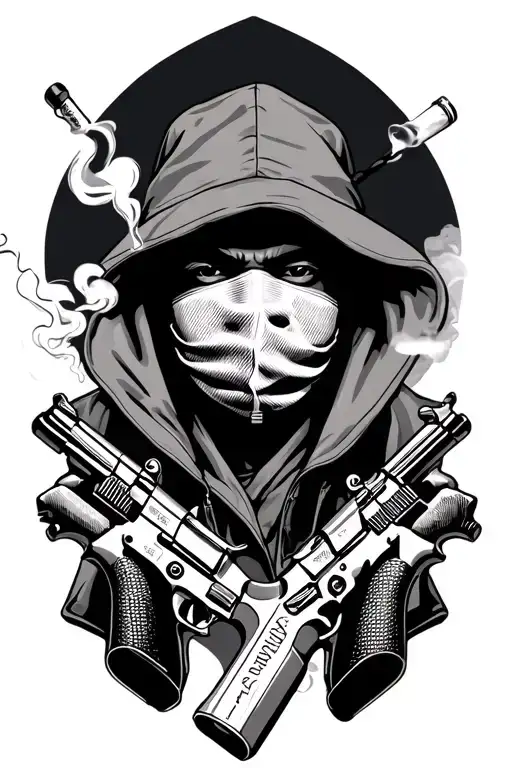 tatoo of guns and a person smoking a blunt with a ski mask on in the hood tattoo design idea