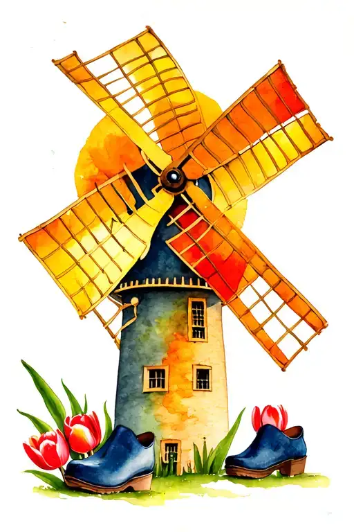 windmill with tulips and clogs tattoo design idea
