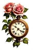 time clock and roses growing with roman numerals tattoo design idea