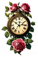 time clock and roses growing with roman numerals tattoo design idea
