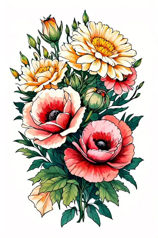 roses honeysuckle poppies gladioli peonies chrysanthemum tattoo design idea
