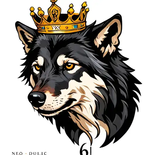 black wolf with a crown and the Roman numeric 6 tattoo design idea