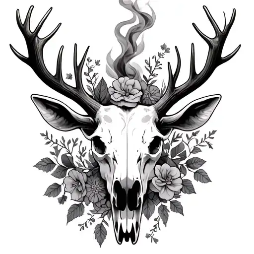 - Smoke coming out of a moose skulls nose, flowers in the antlers, vines (ivy), baby’s breathe, rose, Queen Anne’s lace tattoo design idea