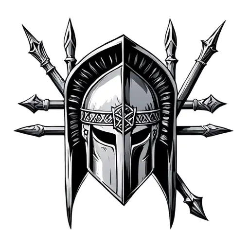 spartan helments with greek runes and a spear in the backgroung tattoo design idea