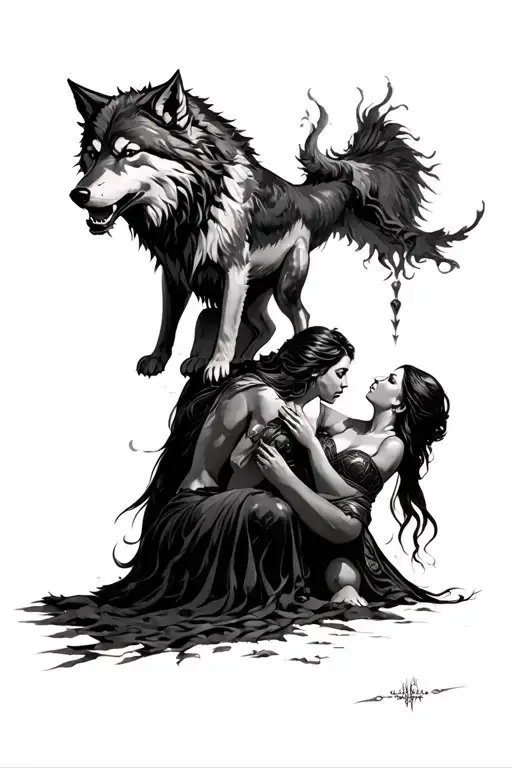 fenrir viking norse wolf standing over submissive women tattoo design idea