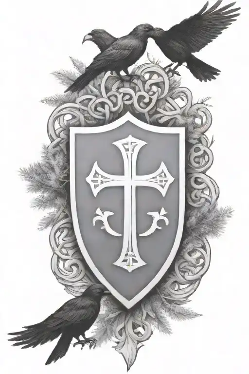 Rooker Family Crest with a celtic cross in a circle as a shield surrounded by cedar trees with  6 Crows tattoo design idea