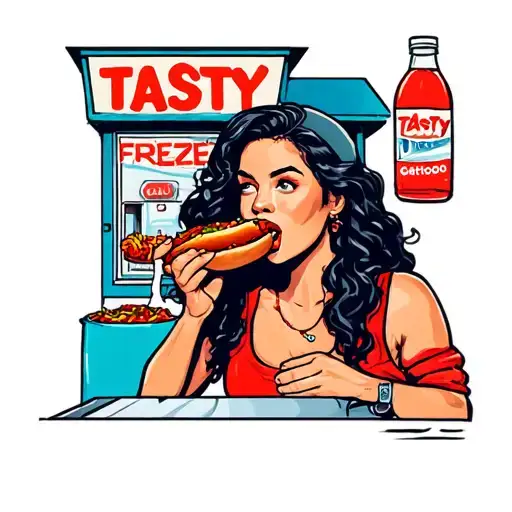 woman eating a chili dog outside the tasty freeze tattoo design idea