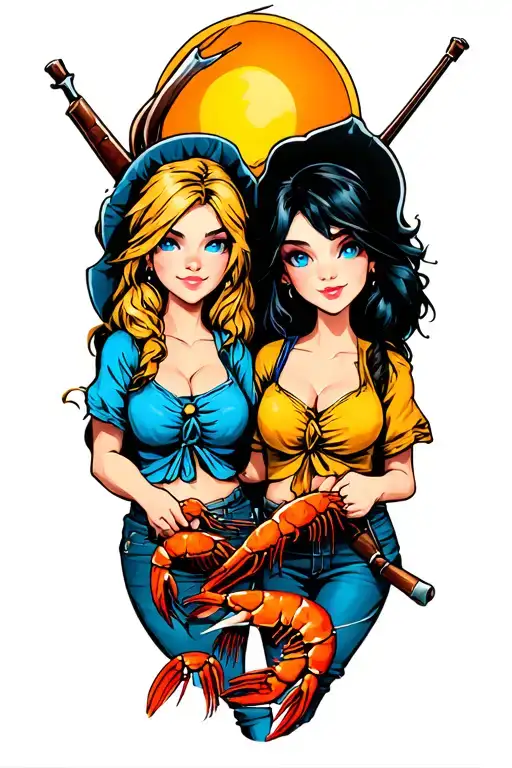 two girls selling shrimp and crab claws with blue eyes one has blonde hair one has black and their pirates with muskets tattoo design idea