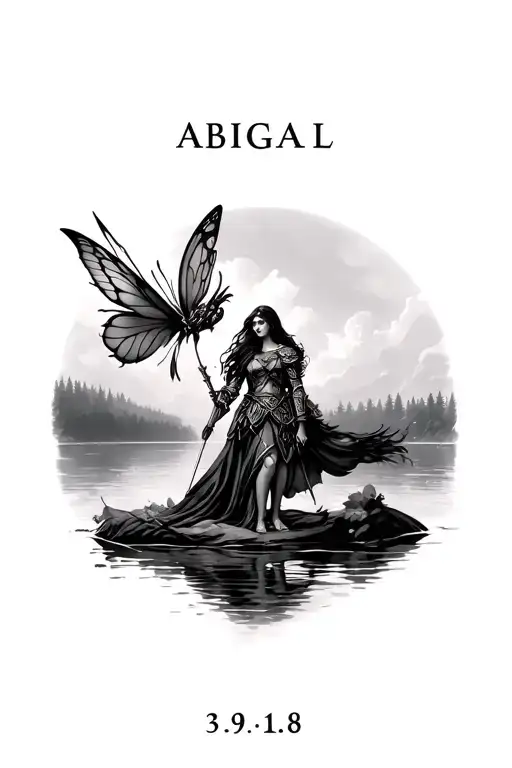 "Abigail 3.9.18" warrior protecting a fairy in front of a lake tattoo design idea