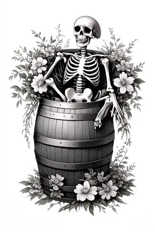 A pirate skeleton lying on a rum barrel, with beautiful flowers growing from its bones and bowels. tattoo design idea