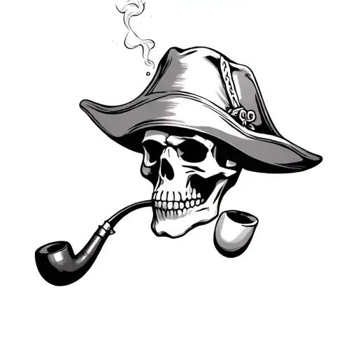 Black and gray realistic tattoo of a pirate skull with hat smoking pipe the half light tattoo design idea
