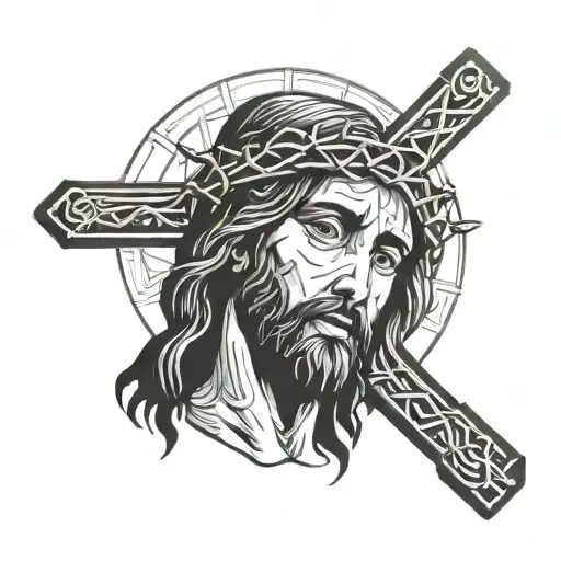 Jesus face loking for the right with a cross in the background tattoo design idea