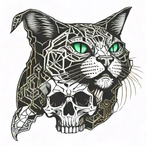 cat on a skull  tattoo design idea
