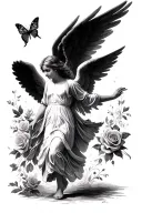 An angel walking with large wings as the centre robin in flight, butterfly with fingerprints roses poem tattoo design idea