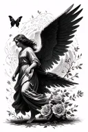 An angel walking with large wings as the centre robin in flight, butterfly with fingerprints roses poem tattoo design idea