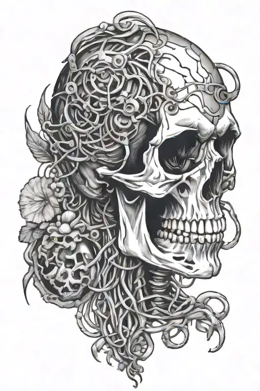 skull and bio organical ripping wires tattoo design idea