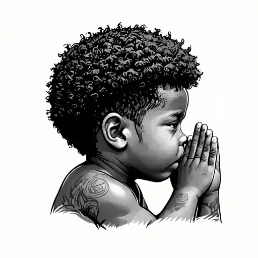 African American young boy with a nappy mini Afro praying looking sideways tattoo design idea