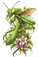 praying Mantis entwined with vines and flowers growing out, god of nature tattoo design idea