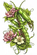 praying Mantis entwined with vines and flowers growing out, god of nature tattoo design idea